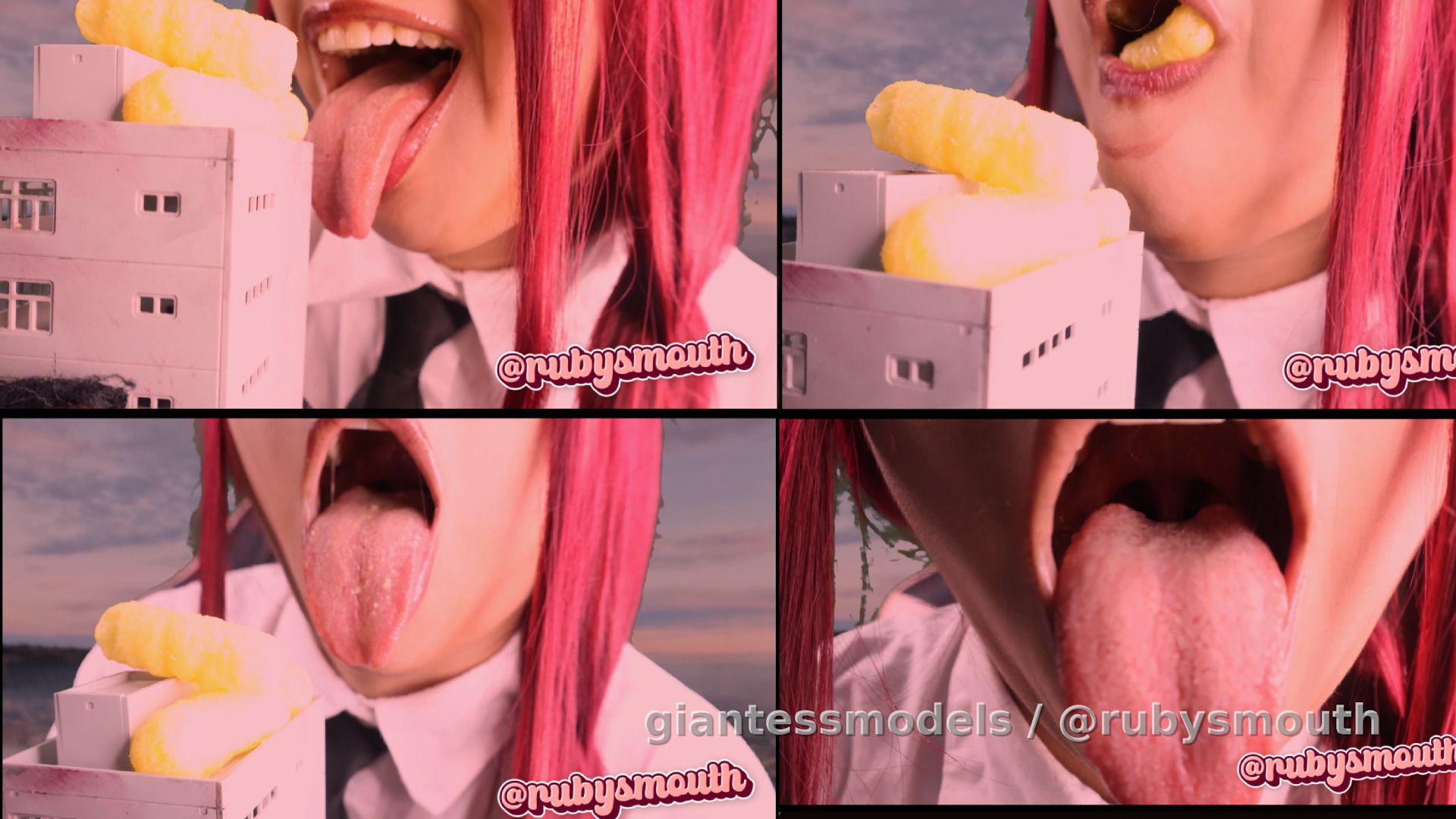 The evil giantess Makima devouring some delicious Cheetos that are trapped on top of a tiny building... get ready to feel Makima's long, wet tongue... (pov - vore - cosplay - mouthplay - tongue fetish - swallow-)
