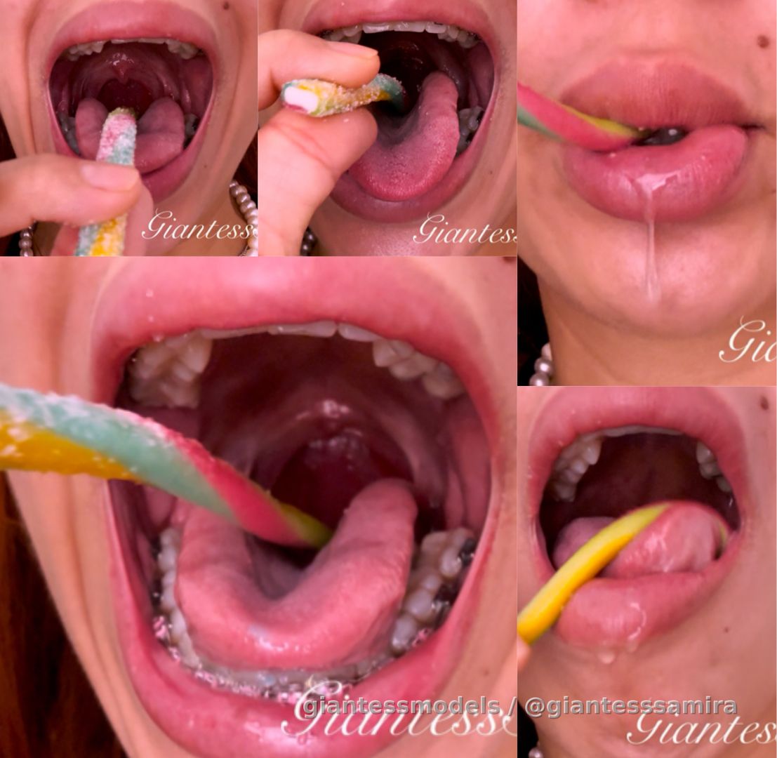 Gummy Vore.  Samira swallows long gummies, puts them in her throat and takes them out, plays with them, sucks them and lets her saliva fall and swallows them.