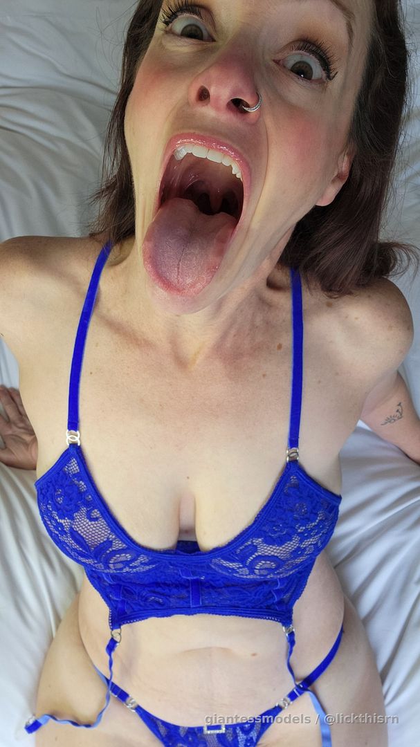 3 min feet play in stockings, blue lingerie LANDSCAPE video, ending in close up face/ throat plus 10 pics with tongue, uvula, mouth: above POV, Over POV, booty in back ground from mouth, aheago, 2 full body pics with 1 legs spread. 4 bonus pictures included