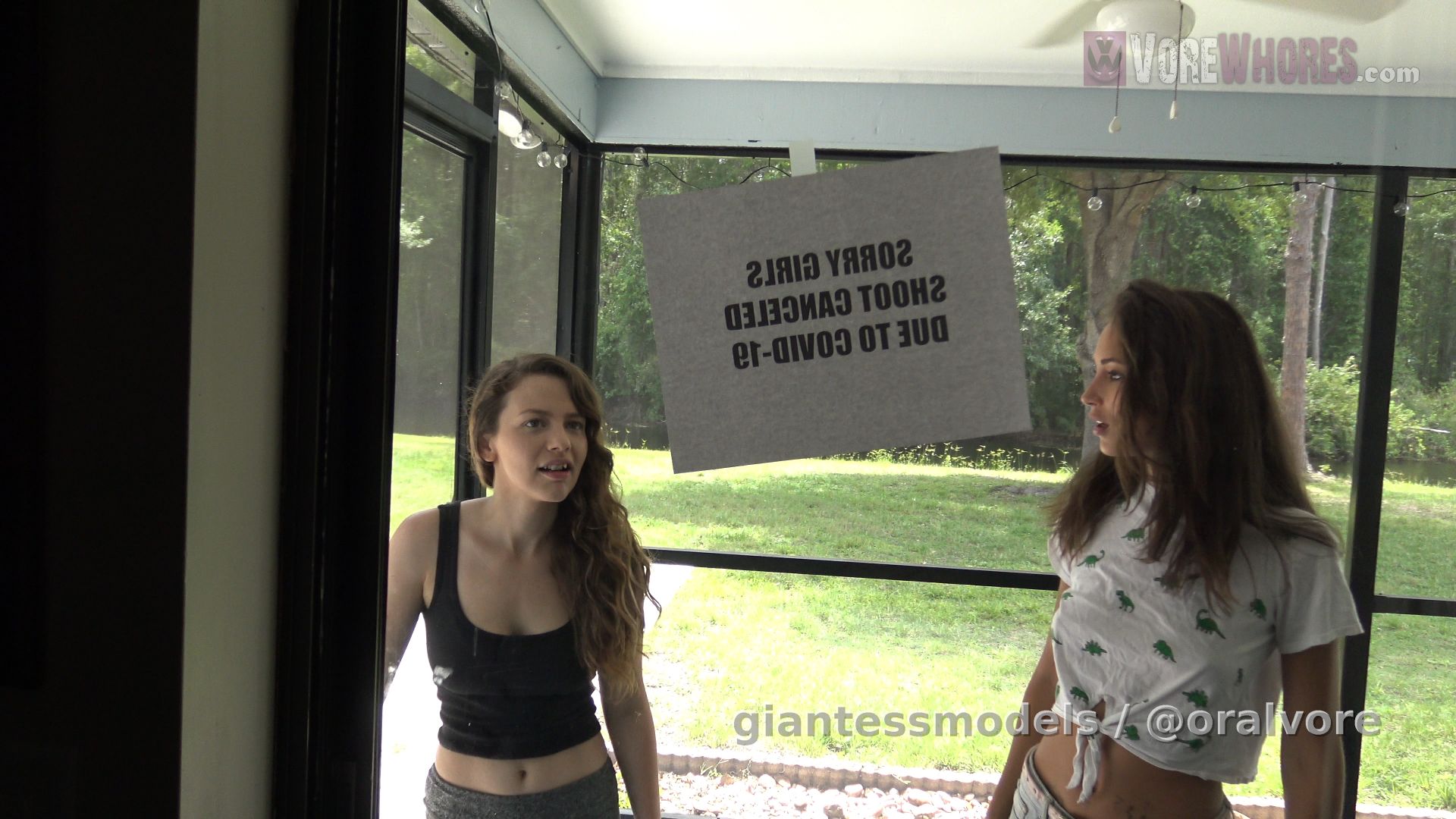 VALCHARv6 – Rachel’s Prize Goldfish – Valerie and Charlotte are scheduled to shoot today, and they arrive on-time, but the studio is closed. Really? Rachel taped a sign on her door to let us know the shoot is canceled? Why didn’t she text us so we didn’t drive all the way to the studio for nothing 🙁  Valerie and Charlotte are very mad, and Charlotte tries the door, and it’s open. Charlotte has to use the bathroom, so both girls enter the studio. They go into Rachel’s bathroom, and discovery Rachel’s prize fish. These fish have survived every goldfish vore shoot since 2008 when Gabby was swallowing fish weekly, and Rachel would be very angry if anything happened to these special fish. Well, Charlotte thinks Rachel needs to be taught a lesson, and had she notified them of the cancellation, both girls would not be standing in Rachel’s bathroom contemplating her prize fishes demise. Valerie and Charlotte sit down in Rachel’s shower and devour all of her prize fish, one by one as Valerie and Charlotte take turns swallowing their prize prey.