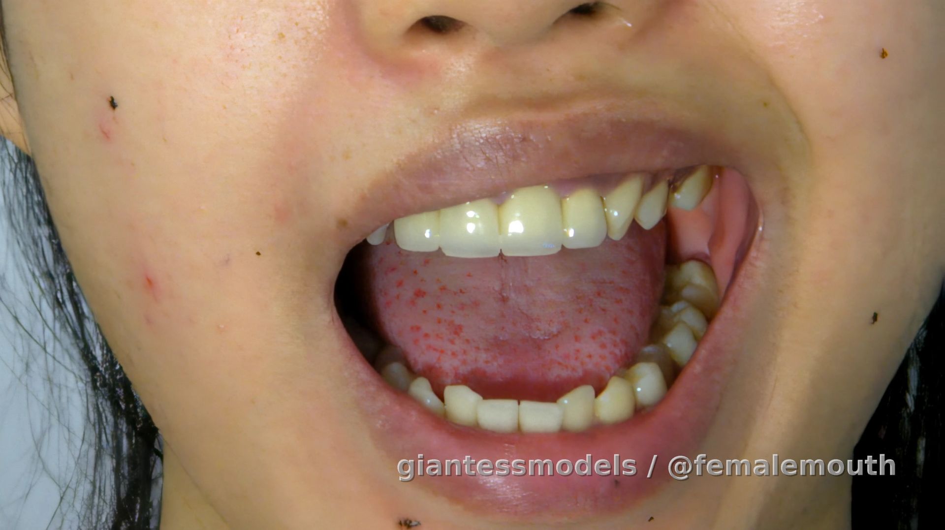 Sexy Asian mouth chewing a steak on a closeup! Strong biting, nice sounds, mouth tour!