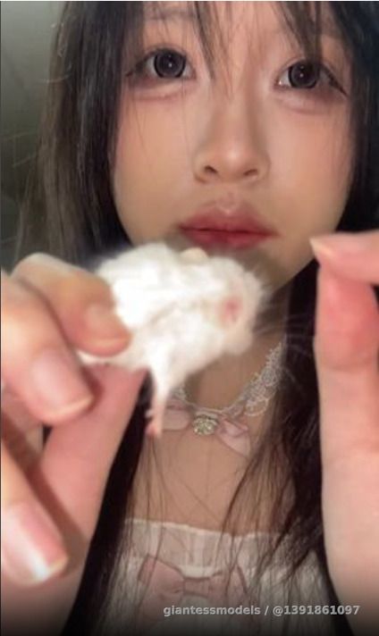 The beauty played with the little mouse, swallowed it down her throat, and then pulled it out of her throat