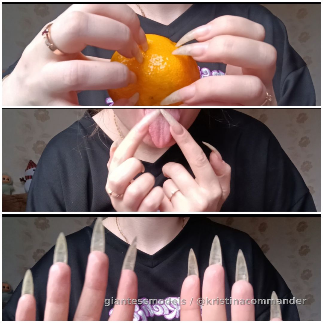 Destroy fruit with long nails + licking + showing nails in juice (video 4 mins) 