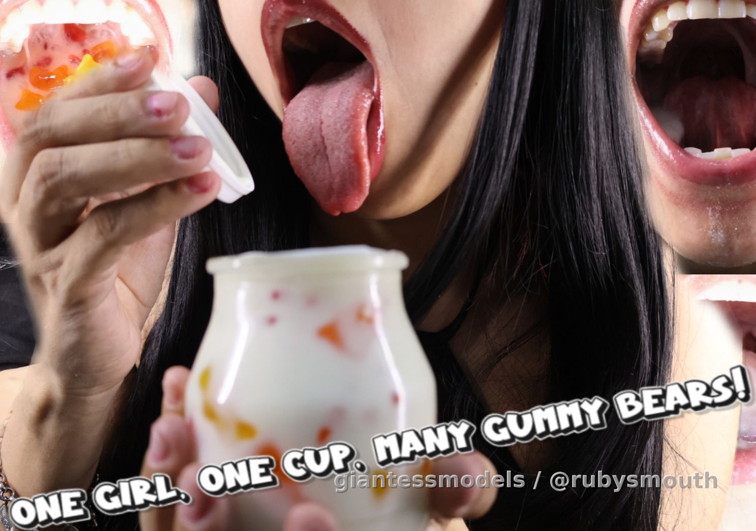 I invade Candyland and devour the entire population of gummy bears.
The gummy bears must accept their miserable fate... and become part of my delicious yogurt.

Every time I use my spoon, a tiny citizen of Candyland will disappear.
(Video 4k) (Normal and slow motion)
Vore + mouthplay + belly
