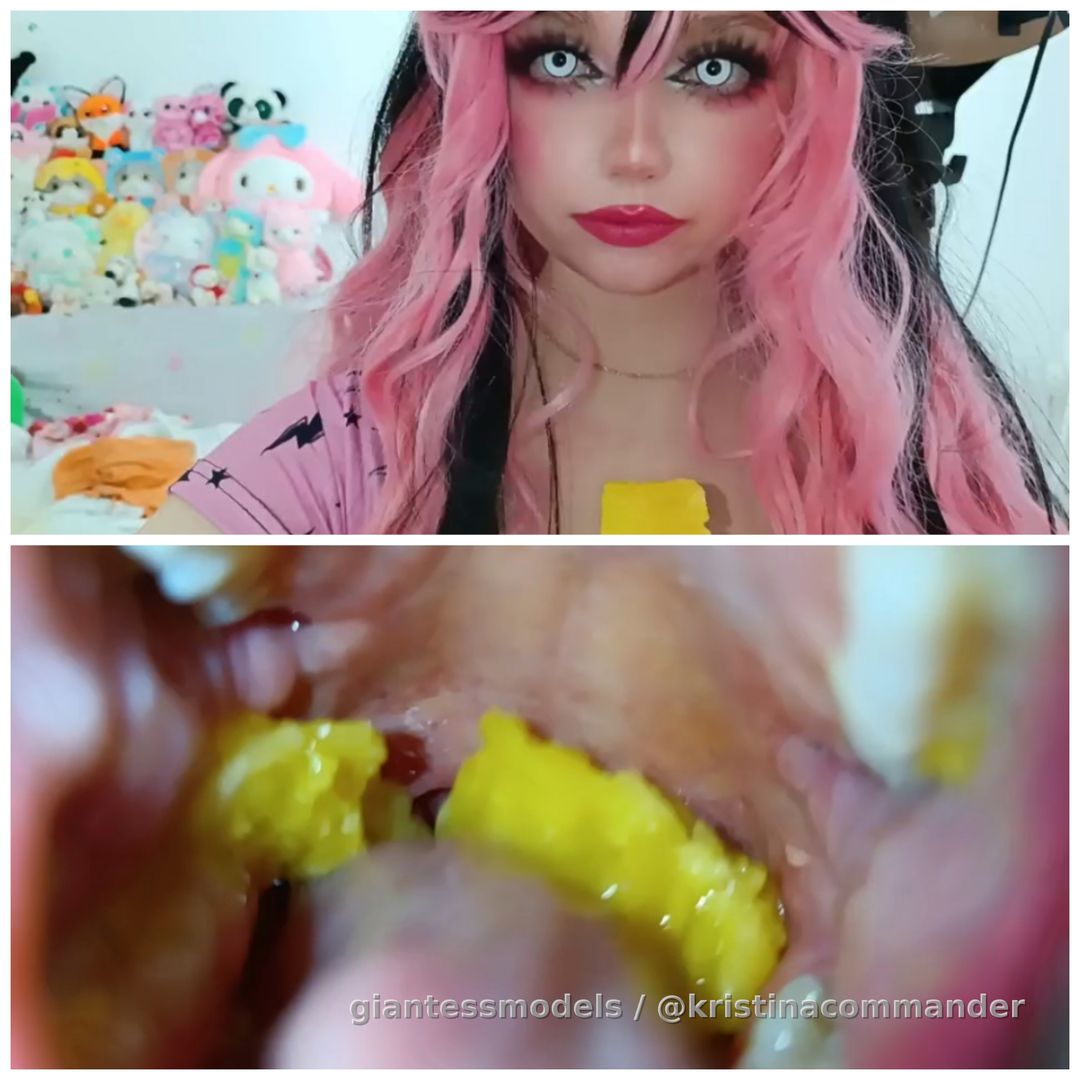 Eating + speaking + swallowing with open throat in cosplay and close up (video 1 min)