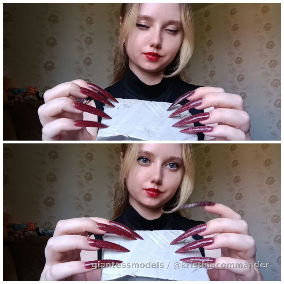 Tapping and scratching plastic with long red nails (video 1 min) 