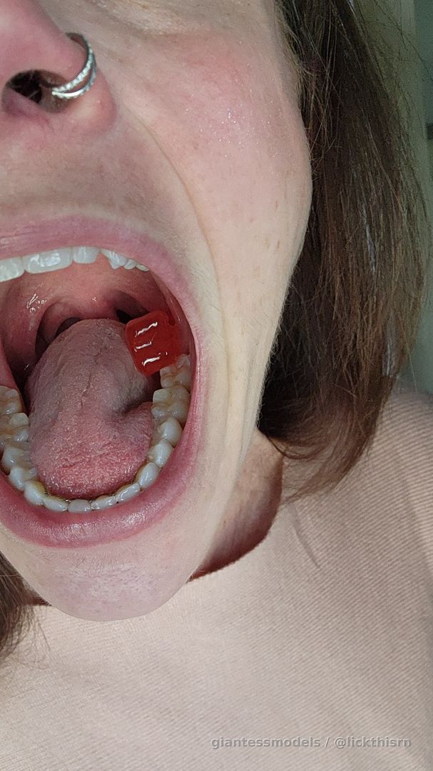 21 mouth pictures. 1 and 2 gummy bears. Close up tongue, uvula, saliva strands, throat. 
