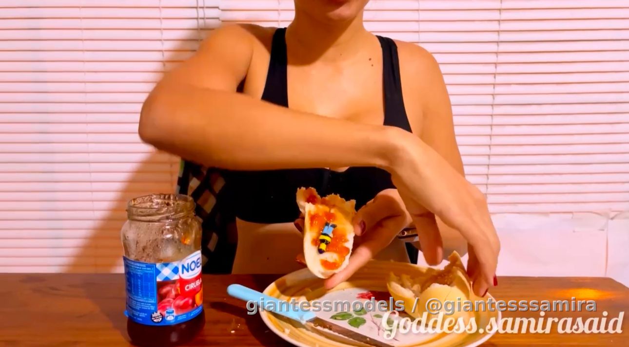 Samira is very hungry and makes a sandwich with her tiny and lots of jam