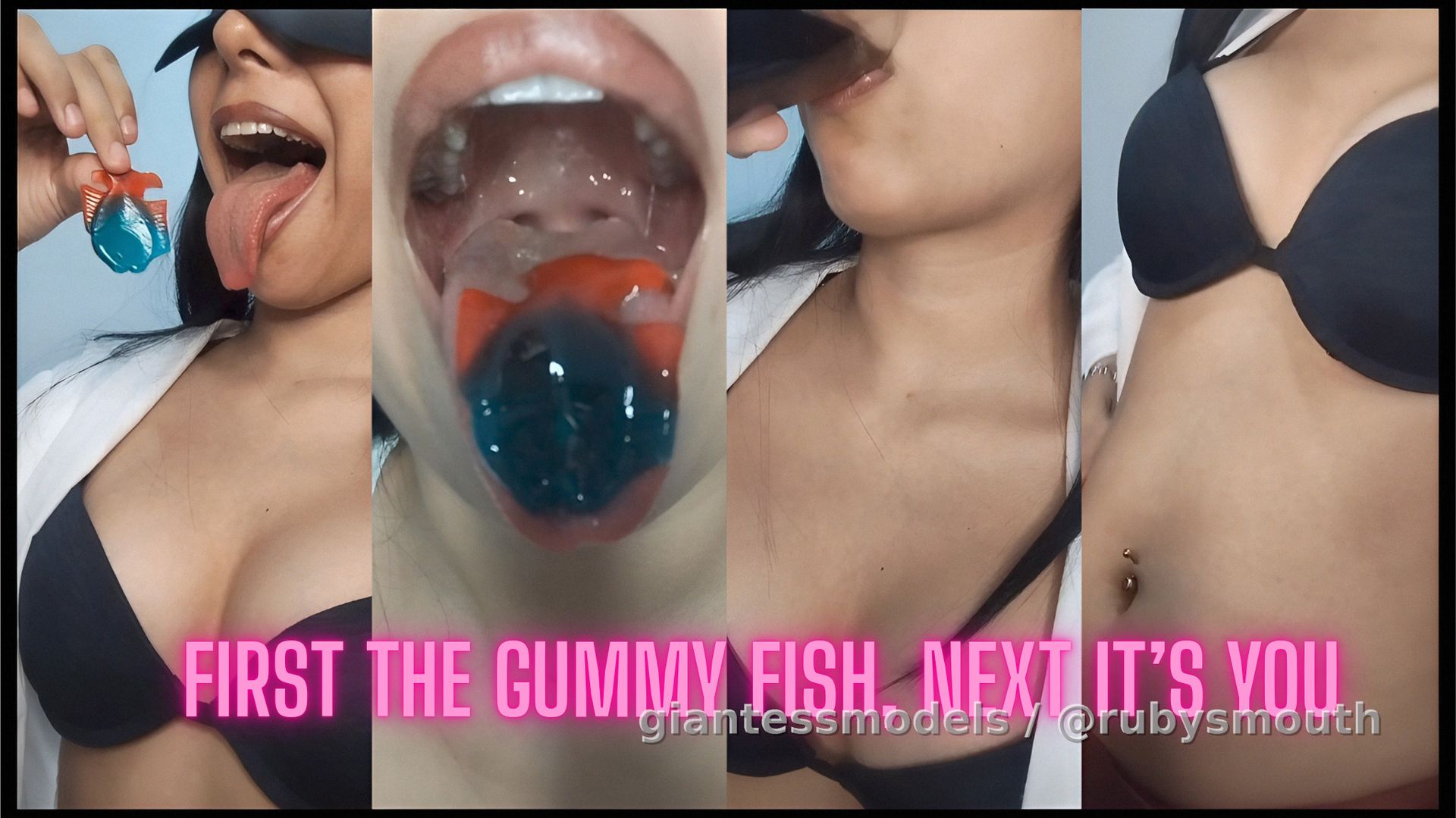Tiny, watch me swallow fish gummies while drinking soda....
My tongue is very wet and sticky.
My burps are loud enough to scare you, Tiny...
You'll be the next one to be swallowed 😘
(Vertical)