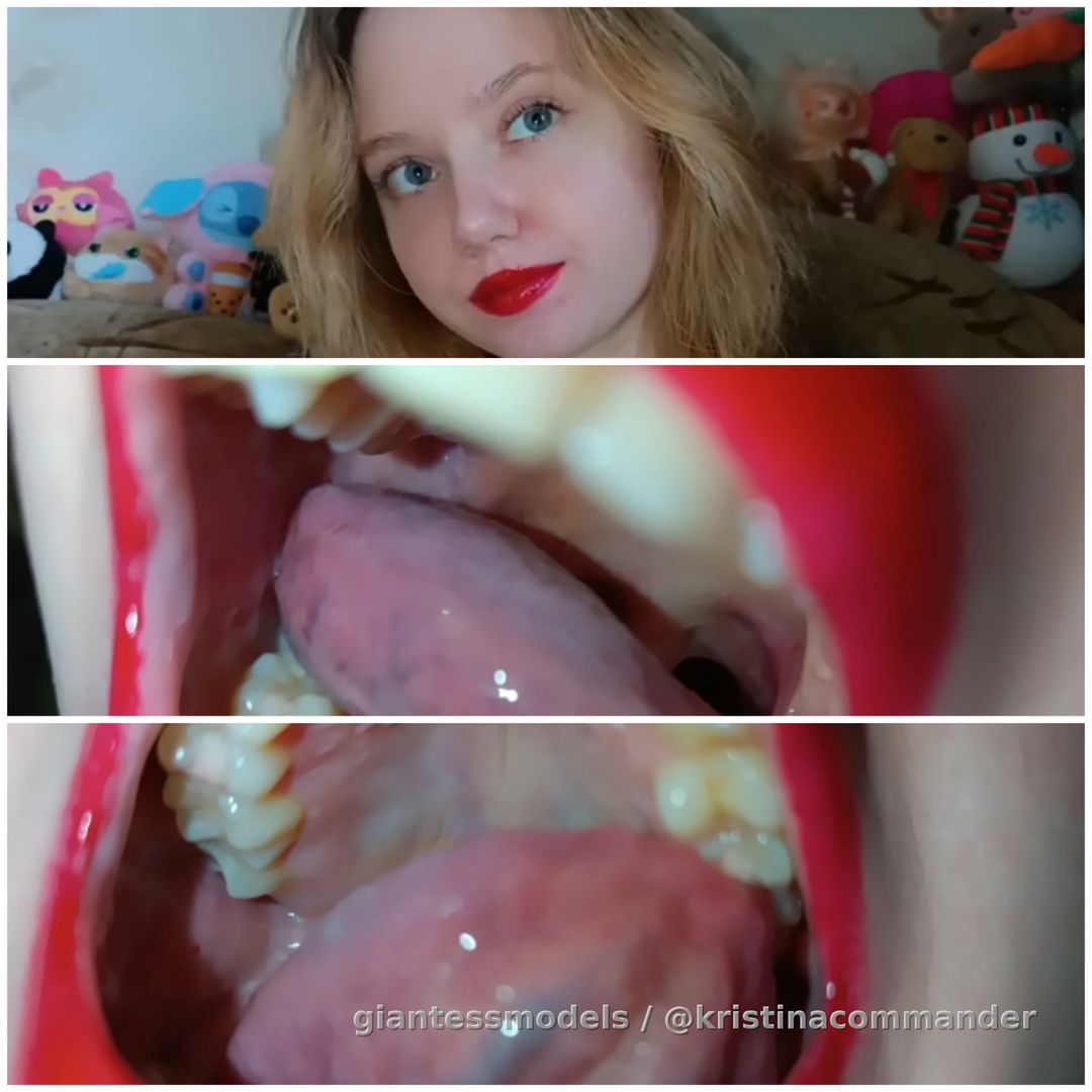 Clearing dirty teeth with tongue  after food (video 1 min) 