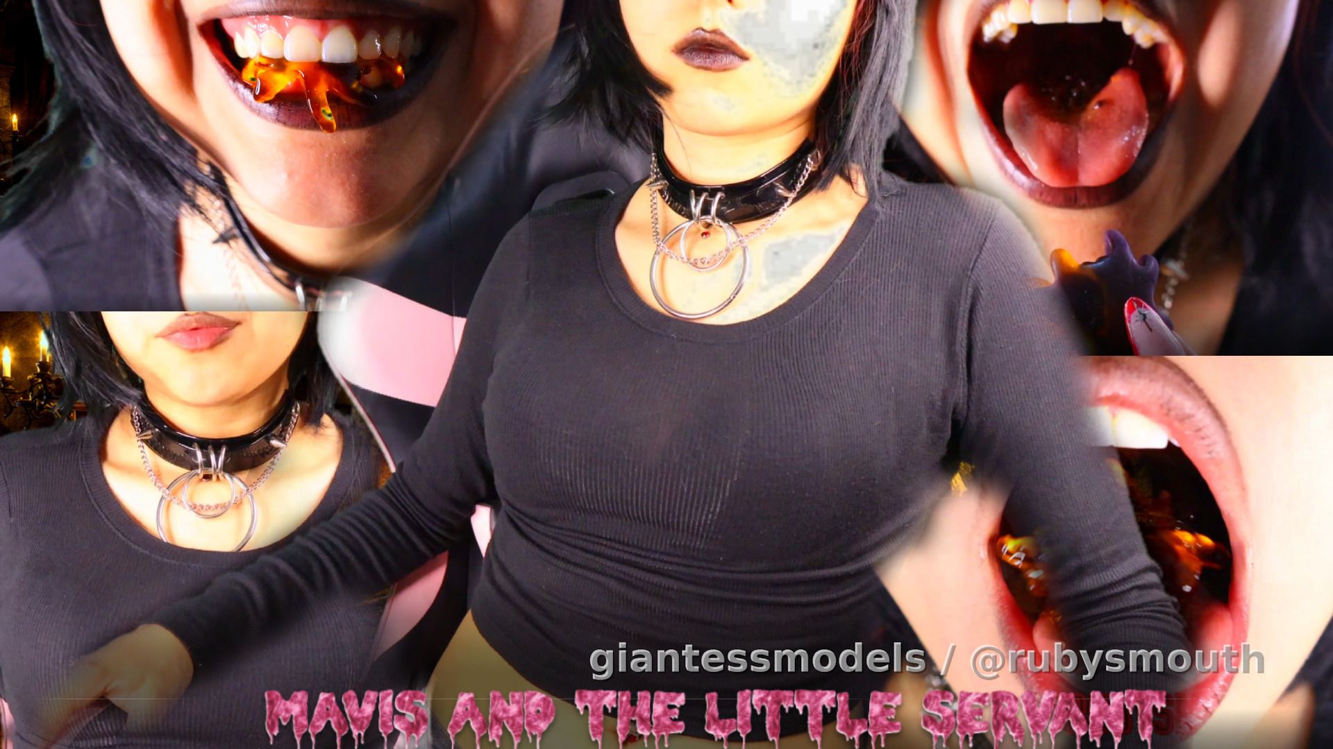 A tiny offers food to his goddess Mavis, trembling under her sensual and commanding gaze. She tastes it slowly, her lips brushing against the morsel as she watches him with a dangerous smile.

If the taste does not please her... the little 