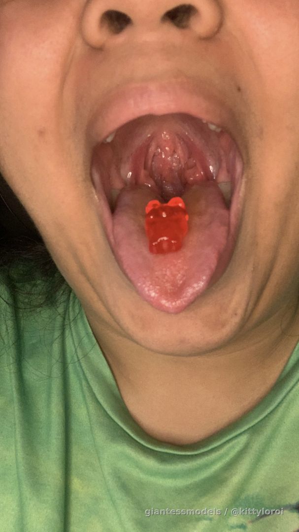 Watch tiny slide up and down my tongue and slide down my throat.

 Gummy Vore with Microphone 
Open mouth swallow 