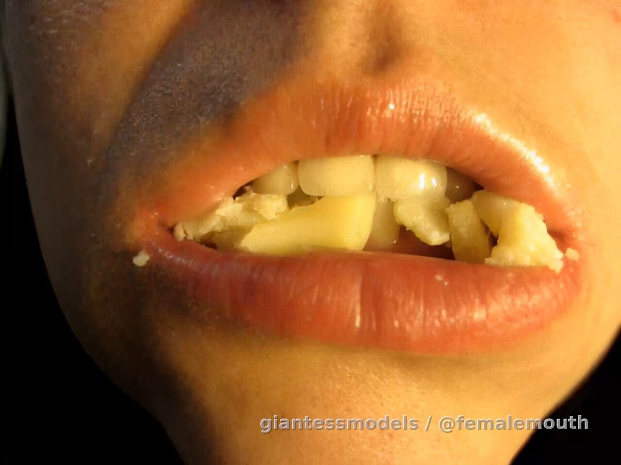 Lory (Masha's friend) is chewing some yellow cheese and ham with her pretty mouth!