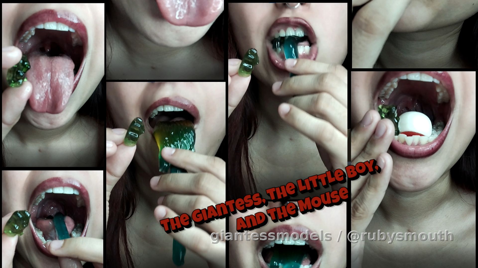 I shrunk my friend, and he was scared to see me swallow things bigger than him. In this video, you see me eating fish, worms, lots of gummy bears, a boat, an eyeball, a giant mouse, and, at the end, I eat my little friend. (In this video, everything is swallowed with my mouth open.) (I don't chew.) (Throat reflexes.)