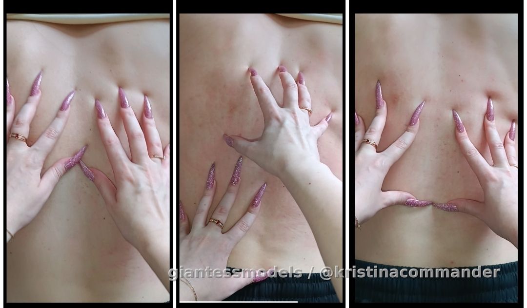 Scratching back with color nails close up + digging and cutting skin (video 2 mins) 