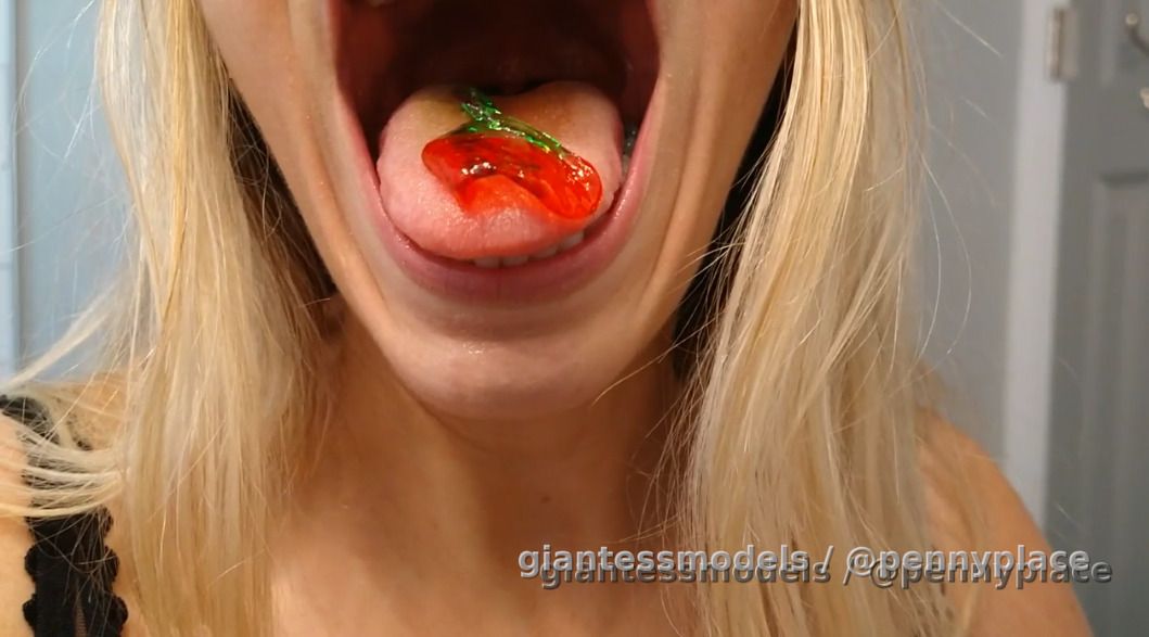 burps belly mouth saliva and Cherries on top!

In a see-through black polka dot bra. Sucking then biting and chewing on a gummy in the shape of 🍒