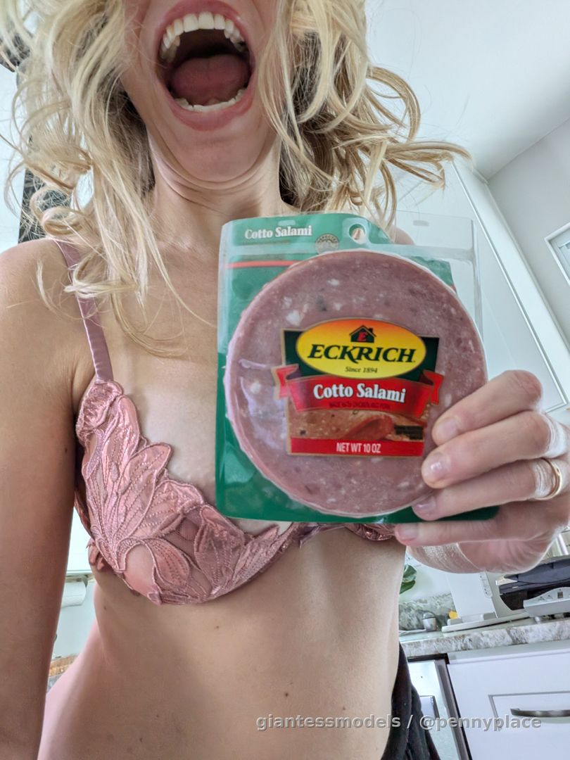 Some men dream that they could become a piece of salami, a piece of salami that I devour. Imagine you and a friend being a piece of salami being presented to me - giantess Penny
Watch me as I bite chew and rip your friend apart...then you will be next!! 11 Minute video pov with belly views and a couple of burps too! 