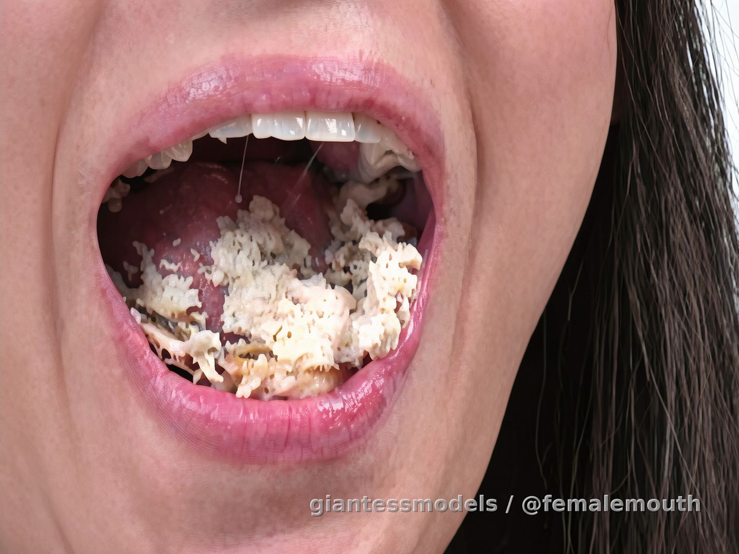 Chewing of food. Regular, simple, beautiful. Healthy woman with cute little mouth processes some food. Wanna cum?