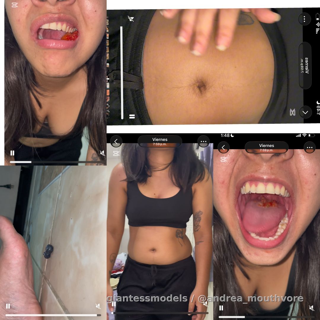 Video chew fruits!! Gigants, open mouth and crush fruits