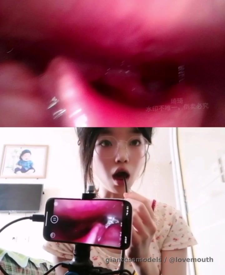 Girl uses endoscope to examine her epiglottis and vocal cords